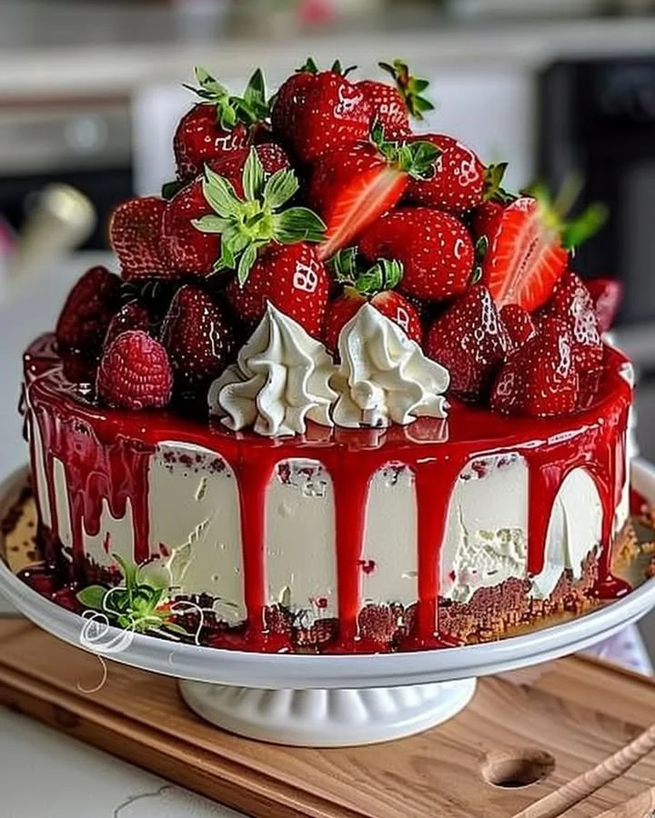 Velvet Strawberry Cheesecake topped with fresh strawberries and creamy layers