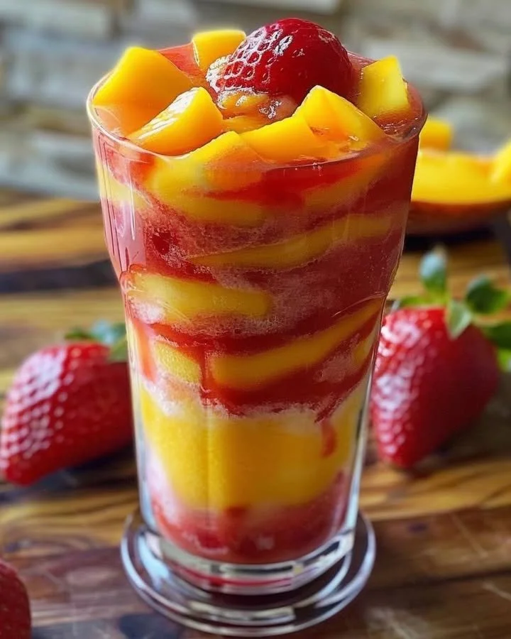 Vibrant mango strawberry swirled slushies in a colorful cup