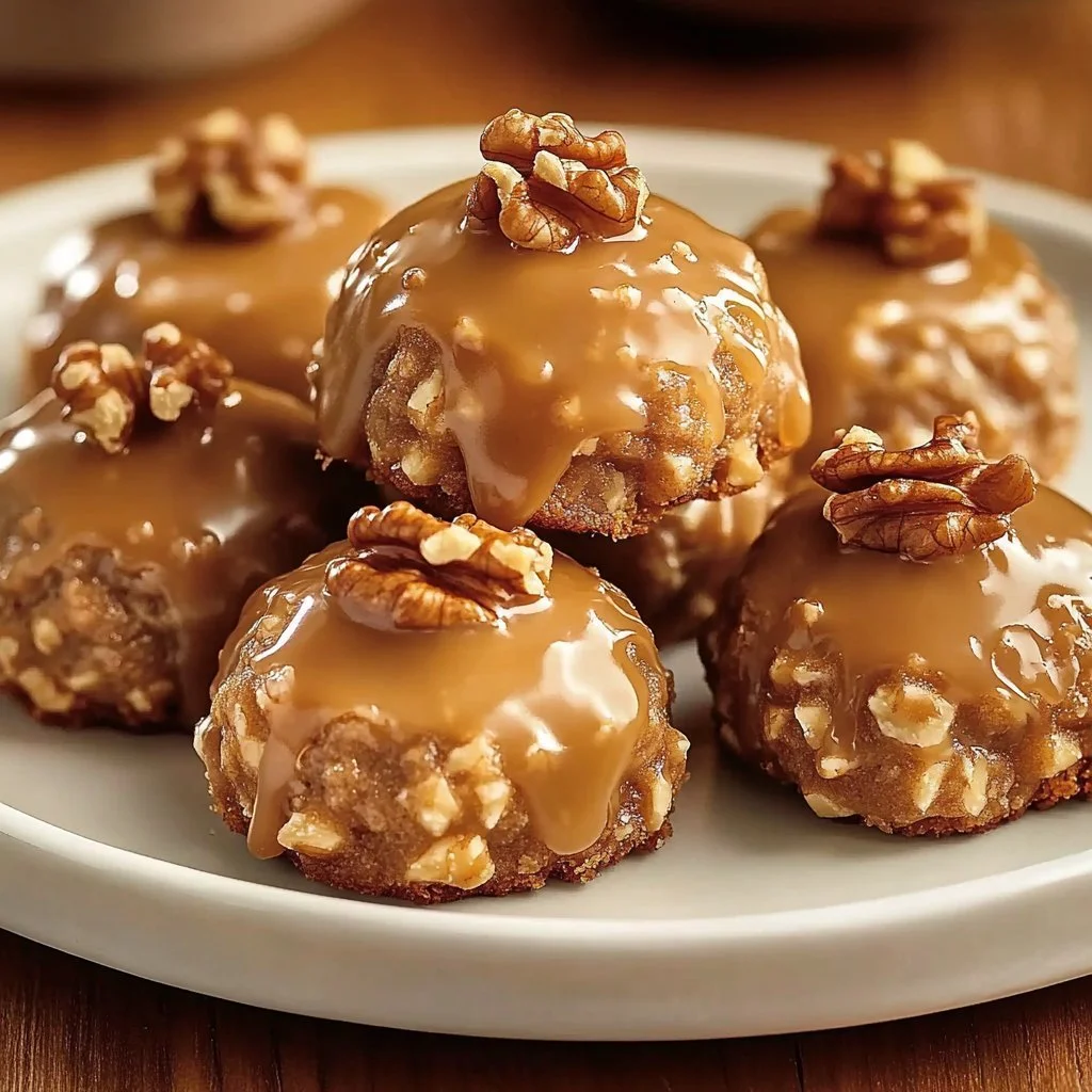 Delicious walnut cookie pralines on a rustic wooden table.