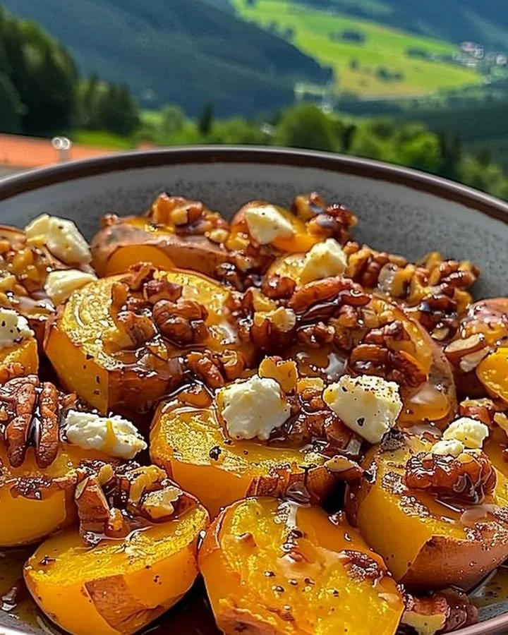 Walnut Maple Goat Cheese Roasted Sweet Potatoes served on a plate