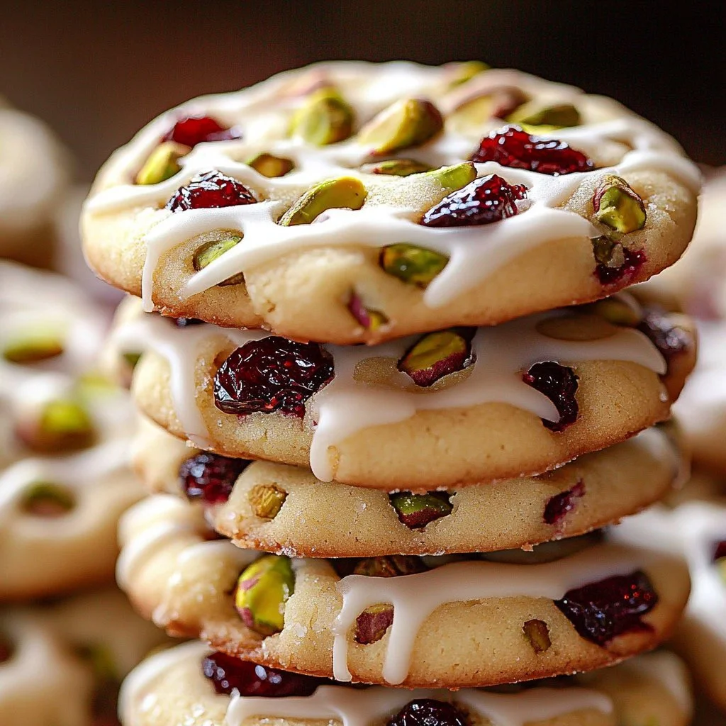 White chocolate drizzled cranberry-pistachio shortbread cookies on a plate