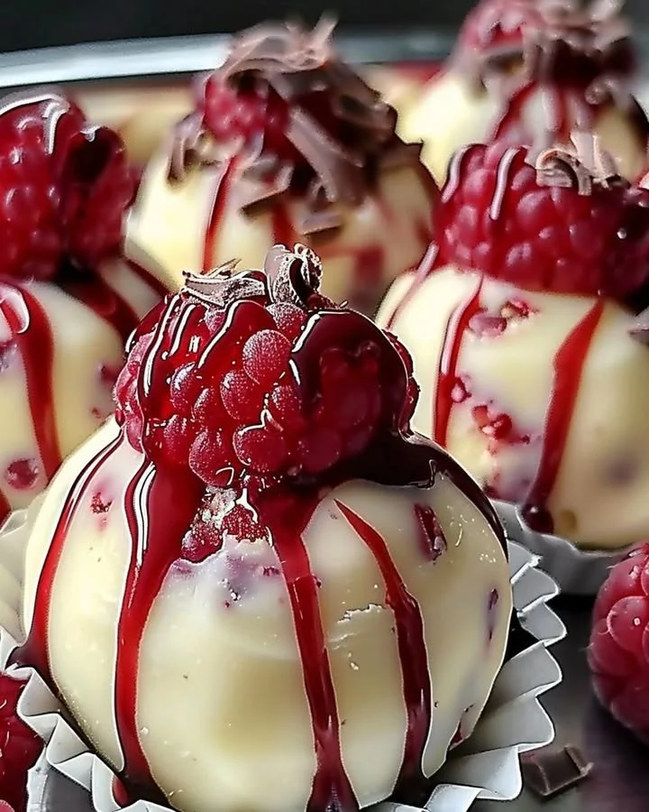 Delicious white chocolate raspberry cheesecake balls on a plate