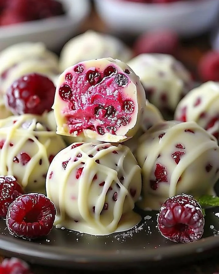 Delicious white chocolate raspberry cheesecake balls on a serving tray