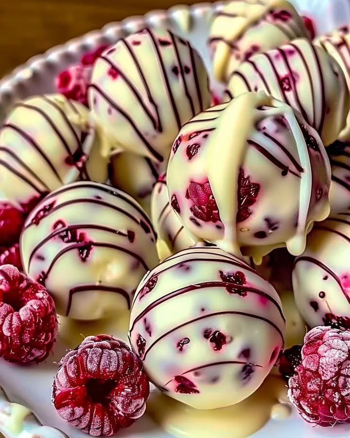 Delicious white chocolate raspberry cheesecake balls ready for serving.