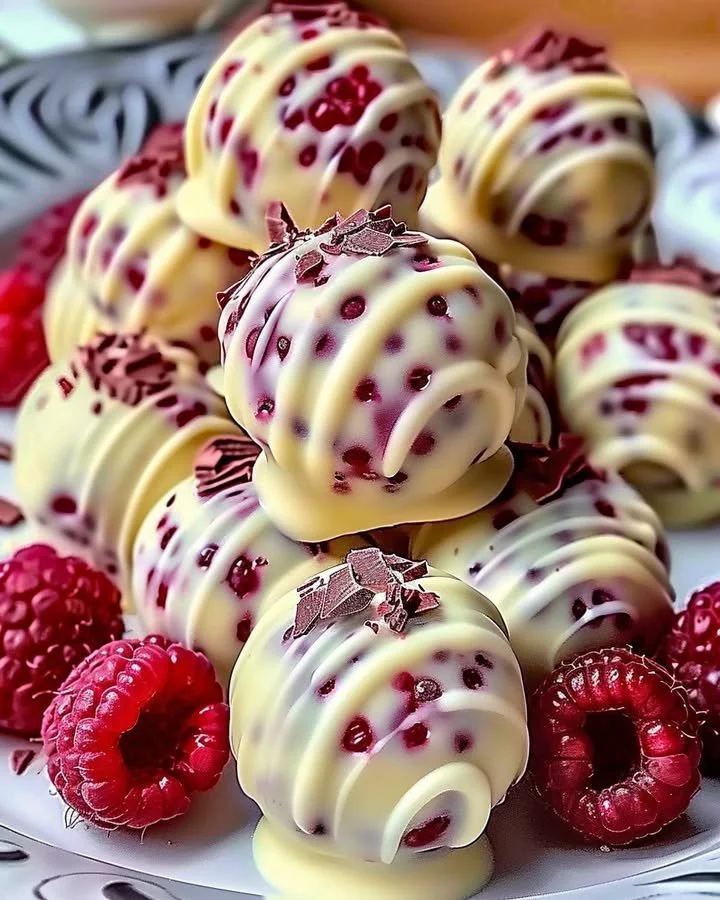 White chocolate raspberry cheesecake balls on a decorative plate
