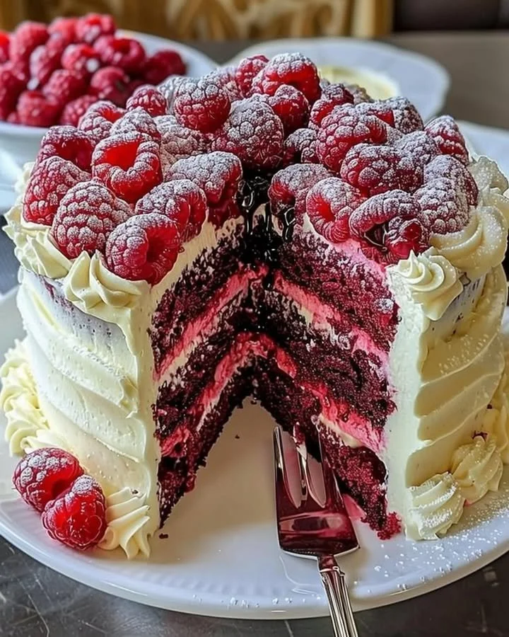Sliced White Chocolate Raspberry Dream Cake with fresh raspberries on top.