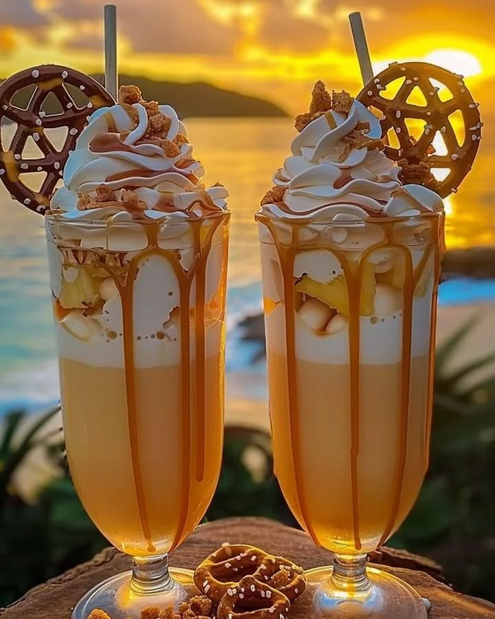 XOXO Caramel Colada drink with caramel topping and tropical decor